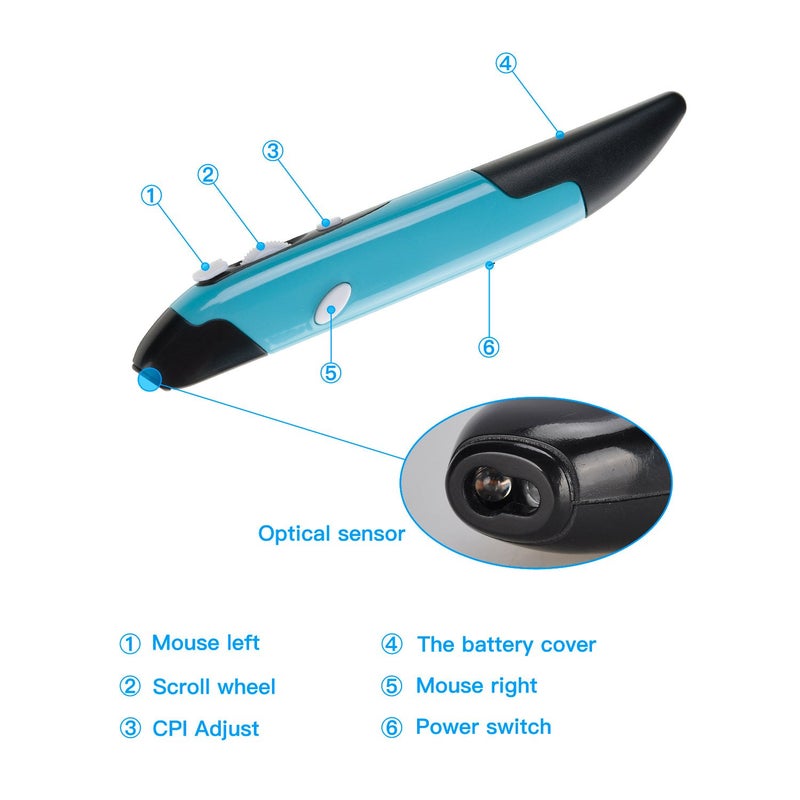 lychee Wireless Optical Pocket Pen Mouse, 2.4GHZ USB Wireless Optical Pen Mouse 800/1200/1600 DPI Adjustable Handwriting Mini Mice for PC Laptop Notebook Computer Mac (Blue) - Image 3